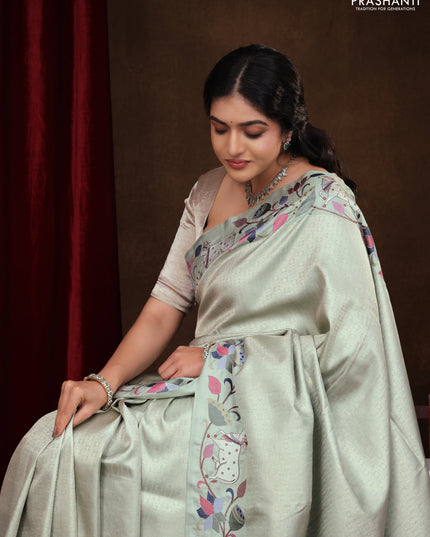 Pastel Green Pure Kanchipuram Silk Saree With Rudhraksha zari weaves & Pichwai Design Border Embroidery