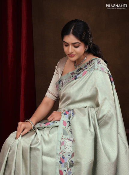 Pastel Green Pure Kanchipuram Silk Saree With Rudhraksha zari weaves & Pichwai Design Border Embroidery