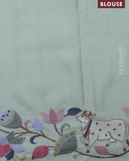 Pastel Green Pure Kanchipuram Silk Saree With Rudhraksha zari weaves & Pichwai Design Border Embroidery
