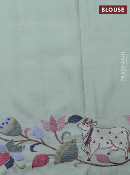 Pastel Green Pure Kanchipuram Silk Saree With Rudhraksha zari weaves & Pichwai Design Border Embroidery
