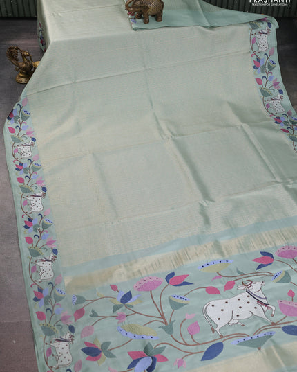 Pastel Green Pure Kanchipuram Silk Saree With Rudhraksha zari weaves & Pichwai Design Border Embroidery