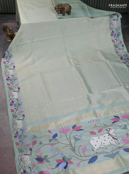 Pastel Green Pure Kanchipuram Silk Saree With Rudhraksha zari weaves & Pichwai Design Border Embroidery