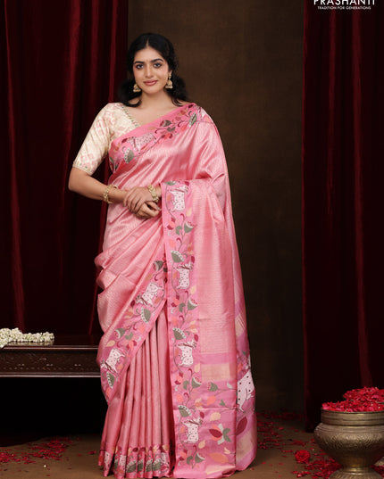 Light Pink Pure Kanchipuram Silk Saree With Rudhraksha zari weaves & Pichwai Design Border Embroidery