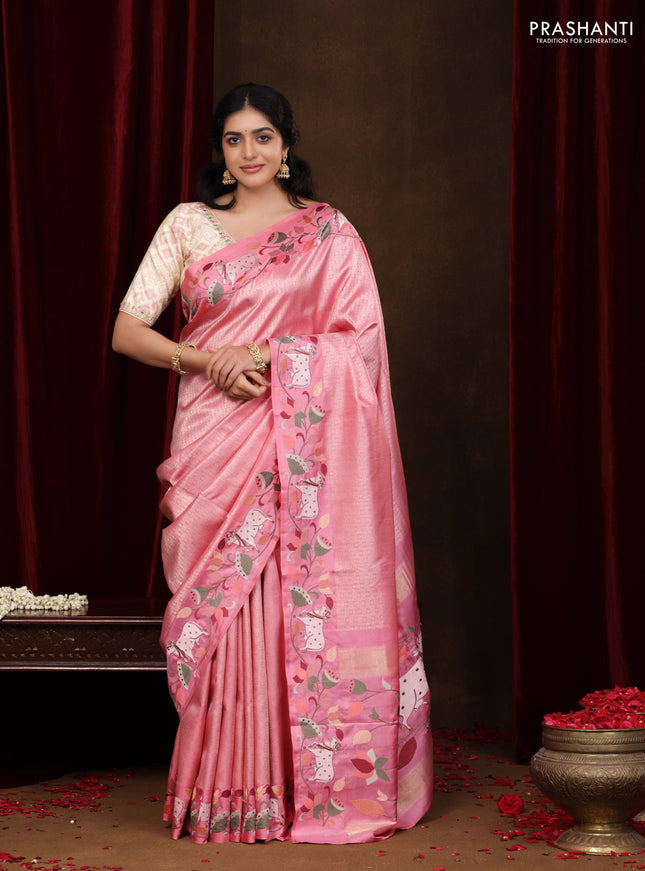 Light Pink Pure Kanchipuram Silk Saree With Rudhraksha zari weaves & Pichwai Design Border Embroidery