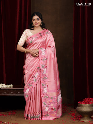 Light Pink Pure Kanchipuram Silk Saree With Rudhraksha zari weaves & Pichwai Design Border Embroidery