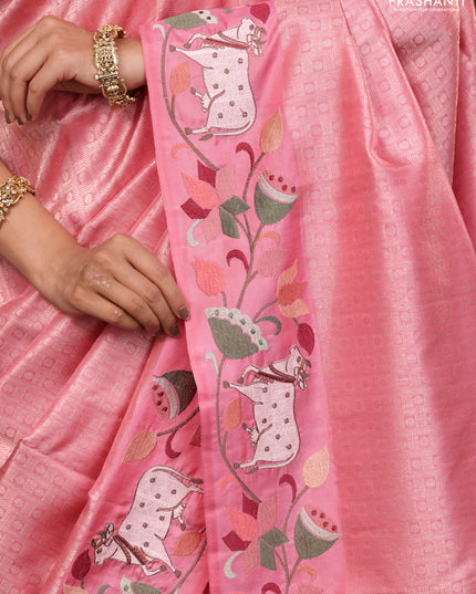 Light Pink Pure Kanchipuram Silk Saree With Rudhraksha zari weaves & Pichwai Design Border Embroidery