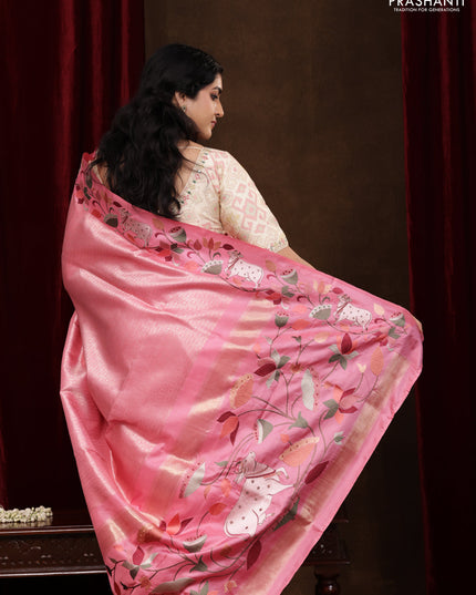 Light Pink Pure Kanchipuram Silk Saree With Rudhraksha zari weaves & Pichwai Design Border Embroidery