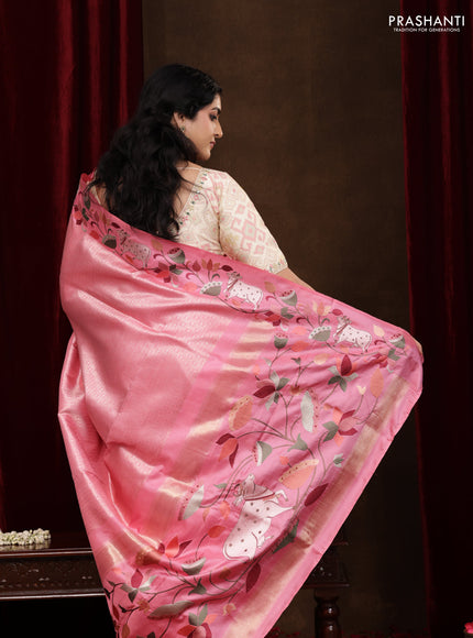 Light Pink Pure Kanchipuram Silk Saree With Rudhraksha zari weaves & Pichwai Design Border Embroidery