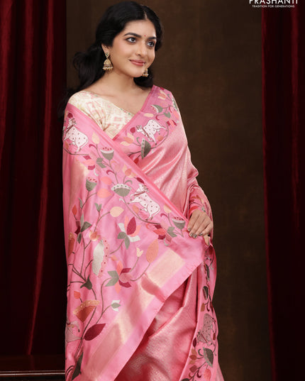 Light Pink Pure Kanchipuram Silk Saree With Rudhraksha zari weaves & Pichwai Design Border Embroidery