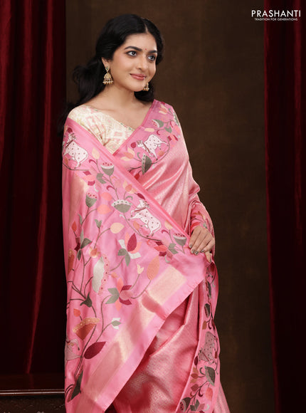 Light Pink Pure Kanchipuram Silk Saree With Rudhraksha zari weaves & Pichwai Design Border Embroidery