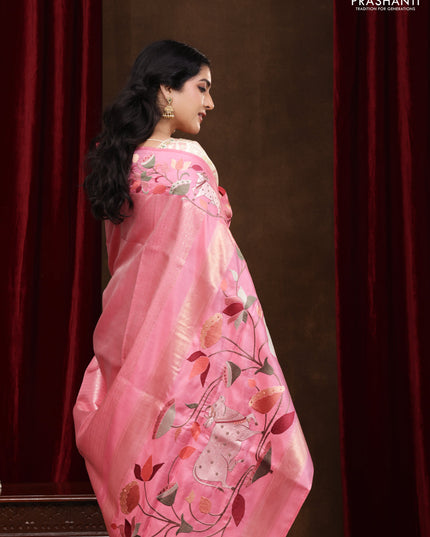 Light Pink Pure Kanchipuram Silk Saree With Rudhraksha zari weaves & Pichwai Design Border Embroidery