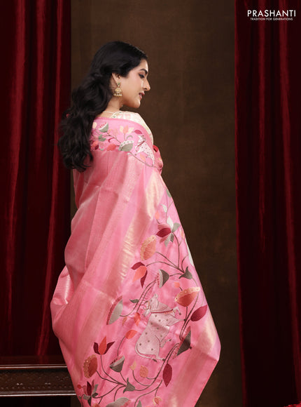 Light Pink Pure Kanchipuram Silk Saree With Rudhraksha zari weaves & Pichwai Design Border Embroidery