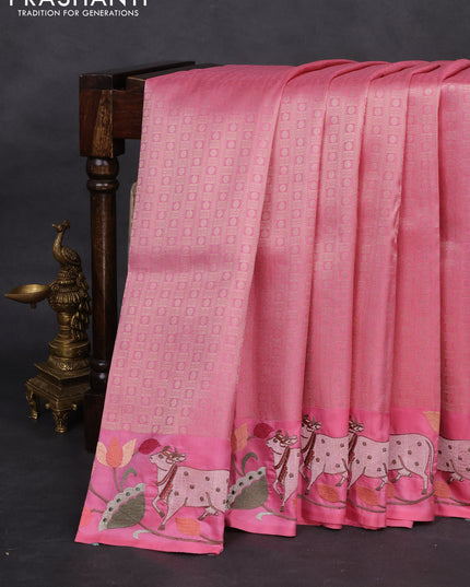 Light Pink Pure Kanchipuram Silk Saree With Rudhraksha zari weaves & Pichwai Design Border Embroidery