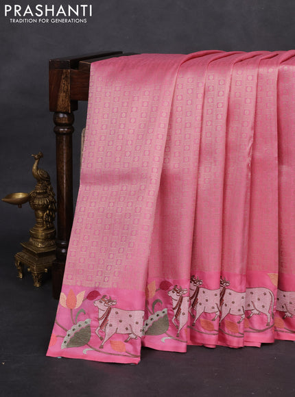 Light Pink Pure Kanchipuram Silk Saree With Rudhraksha zari weaves & Pichwai Design Border Embroidery