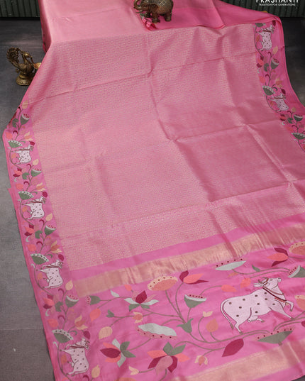 Light Pink Pure Kanchipuram Silk Saree With Rudhraksha zari weaves & Pichwai Design Border Embroidery