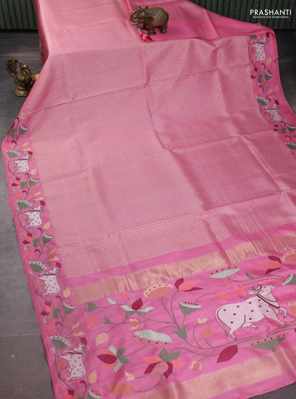 Light Pink Pure Kanchipuram Silk Saree With Rudhraksha zari weaves & Pichwai Design Border Embroidery