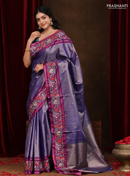 Blue-Purple Pure Kanchipuram Tissue Silk Saree With Border Embroidery
