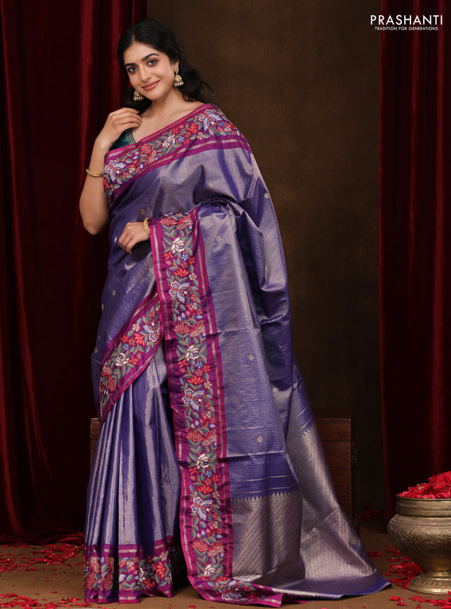 Blue-Purple Pure Kanchipuram Tissue Silk Saree With Border Embroidery