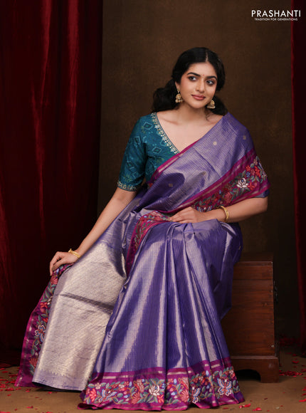 Blue-Purple Pure Kanchipuram Tissue Silk Saree With Border Embroidery