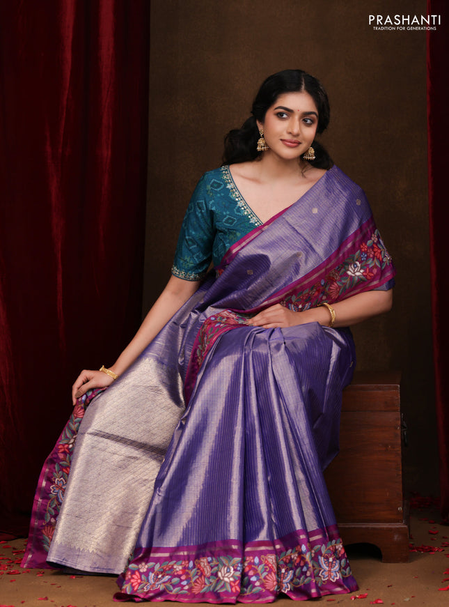 Blue-Purple Pure Kanchipuram Tissue Silk Saree With Border Embroidery