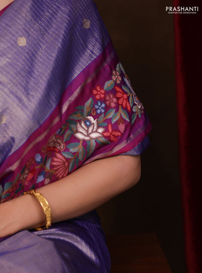 Blue-Purple Pure Kanchipuram Tissue Silk Saree With Border Embroidery