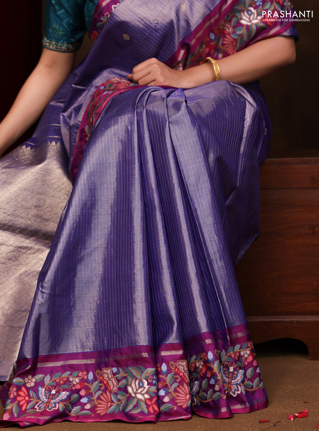 Blue-Purple Pure Kanchipuram Tissue Silk Saree With Border Embroidery