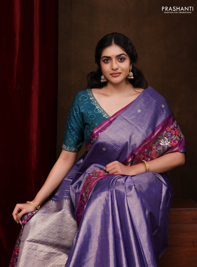 Blue-Purple Pure Kanchipuram Tissue Silk Saree With Border Embroidery