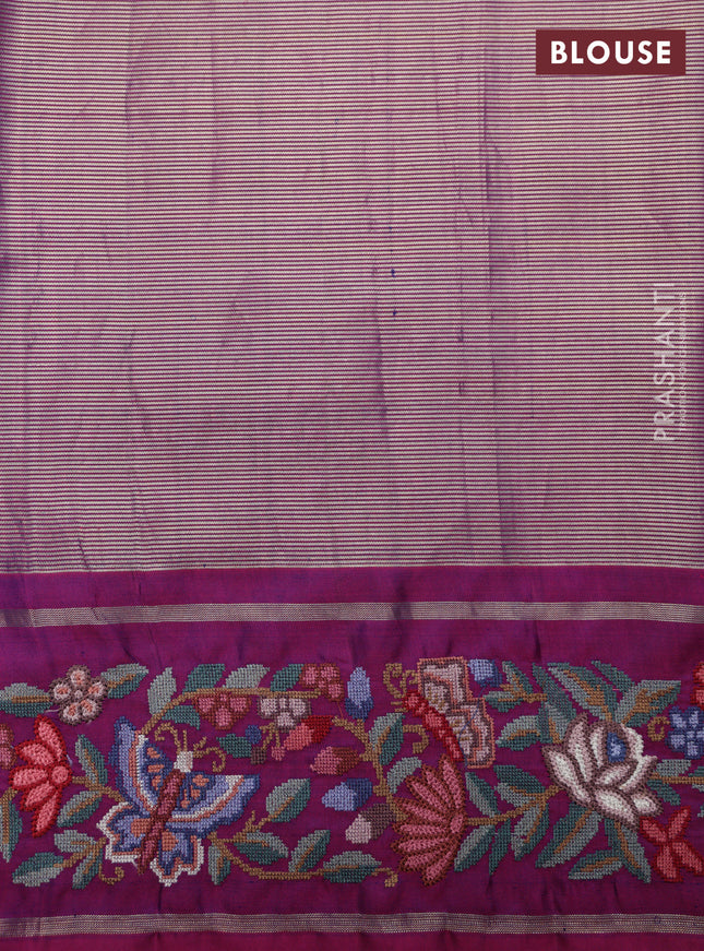 Blue-Purple Pure Kanchipuram Tissue Silk Saree With Border Embroidery