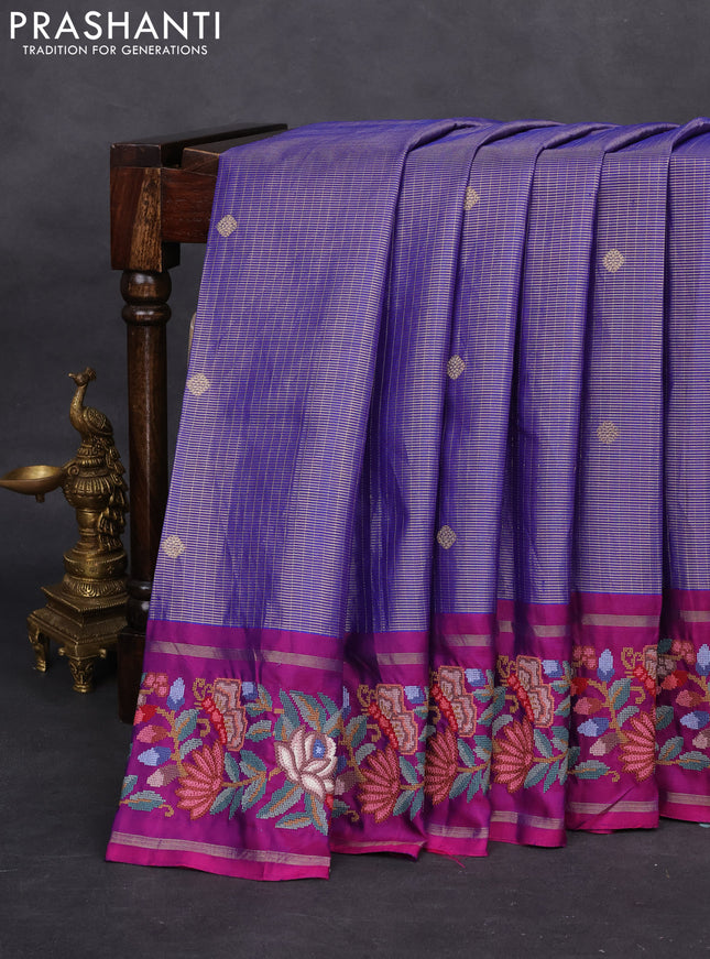 Blue-Purple Pure Kanchipuram Tissue Silk Saree With Border Embroidery