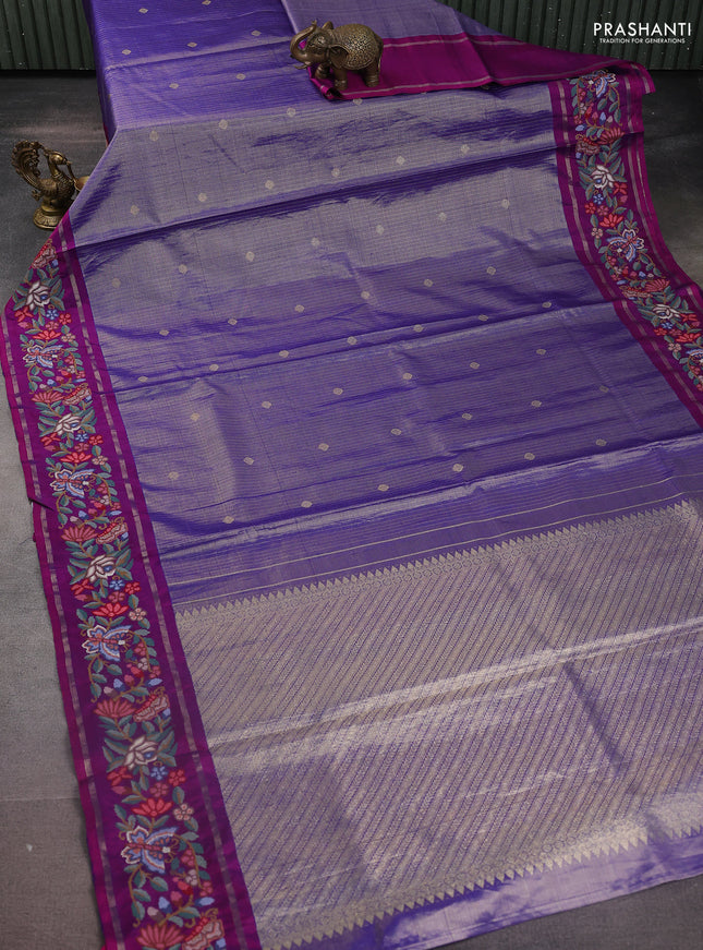 Blue-Purple Pure Kanchipuram Tissue Silk Saree With Border Embroidery