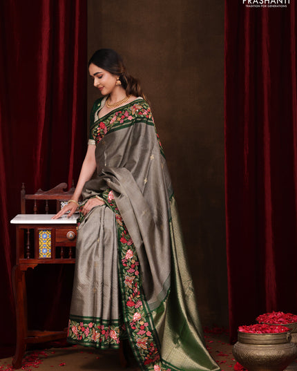 Grey-Green Pure Kanchipuram Silk Saree With Zari Checks & Border Embroidery