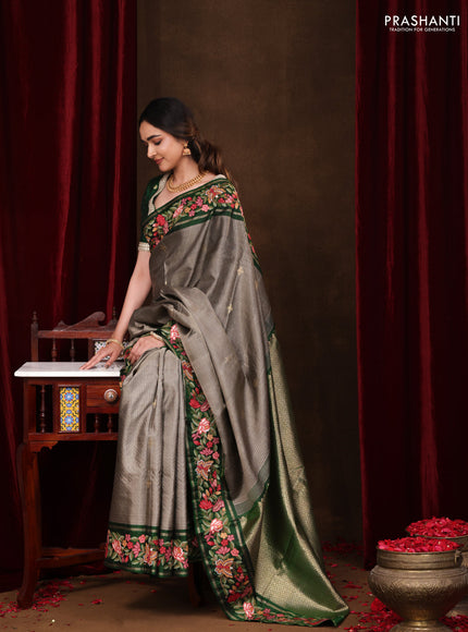 Grey-Green Pure Kanchipuram Silk Saree With Zari Checks & Border Embroidery