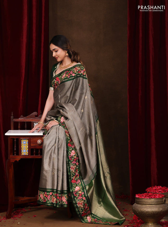 Grey-Green Pure Kanchipuram Silk Saree With Zari Checks & Border Embroidery