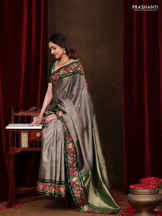 Grey-Green Pure Kanchipuram Silk Saree With Zari Checks & Border Embroidery