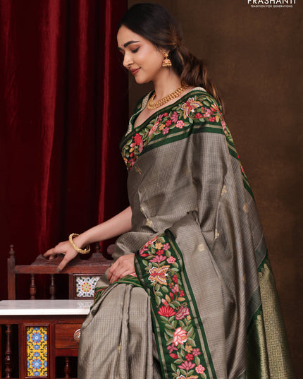 Grey-Green Pure Kanchipuram Silk Saree With Zari Checks & Border Embroidery