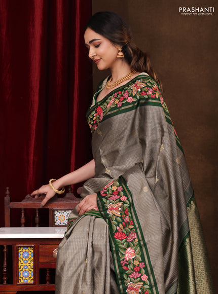 Grey-Green Pure Kanchipuram Silk Saree With Zari Checks & Border Embroidery