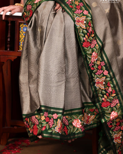 Grey-Green Pure Kanchipuram Silk Saree With Zari Checks & Border Embroidery