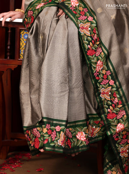 Grey-Green Pure Kanchipuram Silk Saree With Zari Checks & Border Embroidery