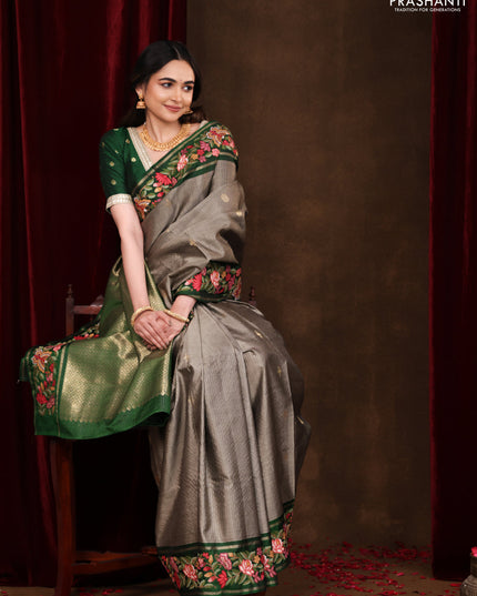 Grey-Green Pure Kanchipuram Silk Saree With Zari Checks & Border Embroidery
