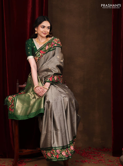 Grey-Green Pure Kanchipuram Silk Saree With Zari Checks & Border Embroidery