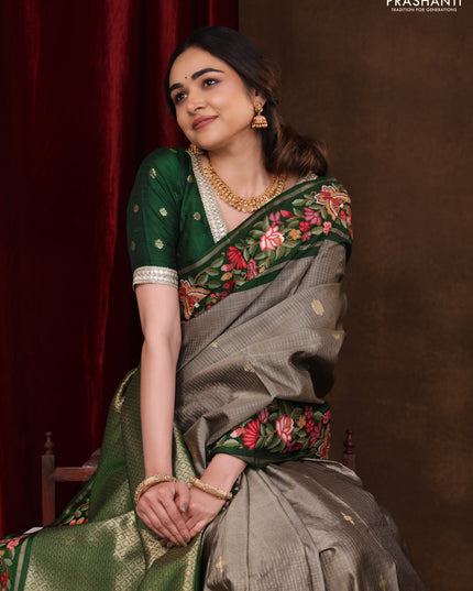 Grey-Green Pure Kanchipuram Silk Saree With Zari Checks & Border Embroidery