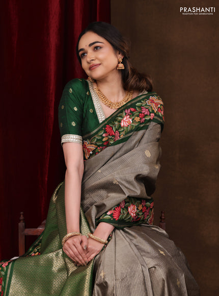 Grey-Green Pure Kanchipuram Silk Saree With Zari Checks & Border Embroidery