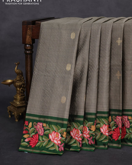 Grey-Green Pure Kanchipuram Silk Saree With Zari Checks & Border Embroidery