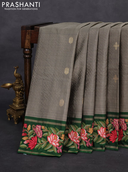 Grey-Green Pure Kanchipuram Silk Saree With Zari Checks & Border Embroidery
