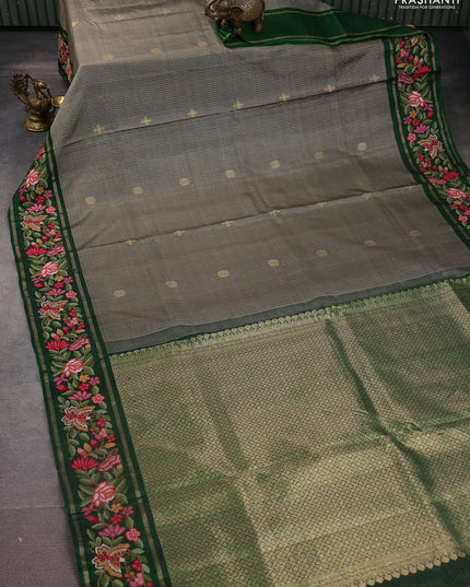 Grey-Green Pure Kanchipuram Silk Saree With Zari Checks & Border Embroidery