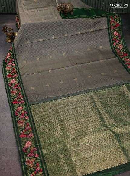 Grey-Green Pure Kanchipuram Silk Saree With Zari Checks & Border Embroidery