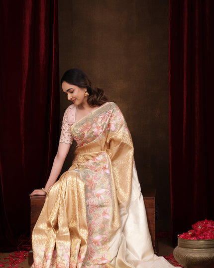 Gold Pure Kanchipuram Tissue Silk Saree With Brocade Zari Weaves & Border Embroidery