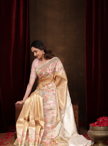 Gold Pure Kanchipuram Tissue Silk Saree With Brocade Zari Weaves & Border Embroidery