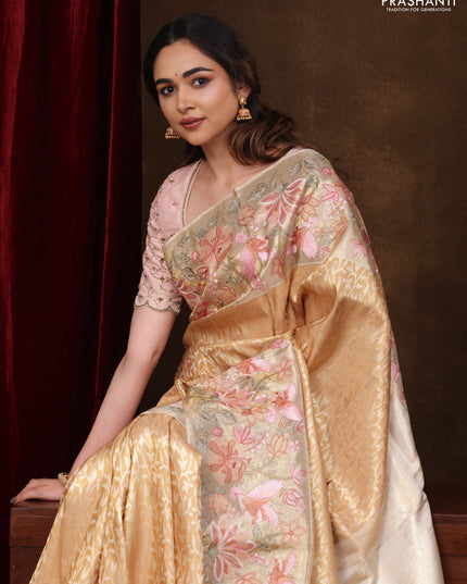 Gold Pure Kanchipuram Tissue Silk Saree With Brocade Zari Weaves & Border Embroidery