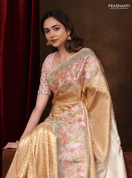 Gold Pure Kanchipuram Tissue Silk Saree With Brocade Zari Weaves & Border Embroidery
